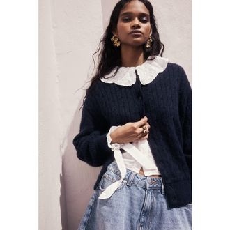 H&M Cable-knit Bomber Jacket in Navy Blue at Nordstrom, Size Xx-Large