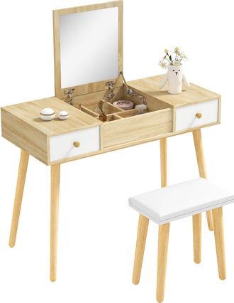 OEM Tocador De Maquillaje Con Espejo Abatible Mesa De Maquillaje Con Taburete Acolchado Coj&iacute;n Suave Compartimentos Y Cajones Patas De Madera Maciza 100x45