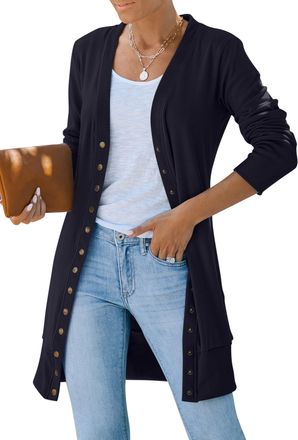 Merokeety Womens Long Sleeve Snap Button Down Solid Color Knit Ribbed Neckline Cardigans Black