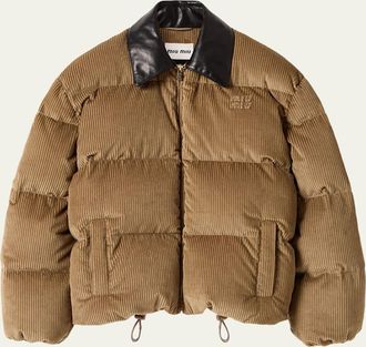 Miu Miu Leather-Collar Corduroy Puffer Jacket