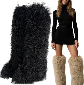 Generic Fluffy Thigh High Boots, 28in Over The Knee Fluffy Boots For Women, Black Thigh High Fur Shoes, Tall Furry Shoes (10.5,Black)