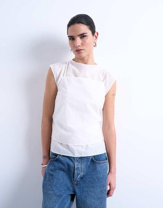Topshop Top a tunica senza maniche a doppio strato color avorio-Bianco