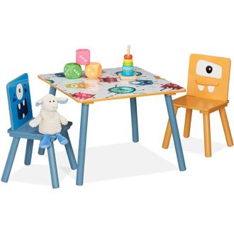 Relaxdays Relaxdays - Childrens Furniture Set, Funny Monster Motif for Boys and Girls, Table and 2 Chairs, 44x60x60 cm, Colourful