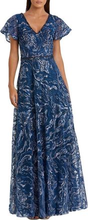 Mac Duggal Embellished Illusion Butterfly Sleeve A-Line Gown in Navy at Nordstrom, Size 14