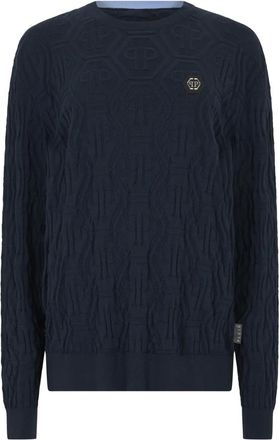 Philipp Plein Jacquard Round Neck Pullover Monogram - Heren - Ronde hals truien - Blauw - 3XL - Wol - Truien & Vesten