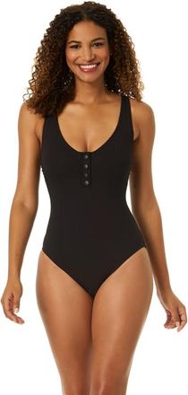 Anne Cole Womens Luna Snap Solid Scoop Neck Halter One Piece Swimsuit in Luna Snap Black at Nordstrom, Size 10