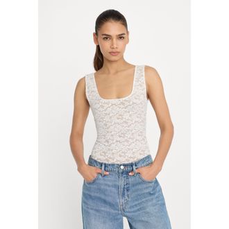 Good American Womens Stretch Lace Scoop Tank Bodysuit | Chalk, Size Medium | Good American by Khlo&Egrave; Kardashian