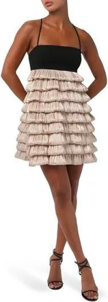 Lulus Inaya Bubble Tiered Minidress in Black/Champagne at Nordstrom Rack, Size X-Large