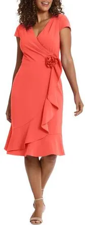 London Times Rosette Ruffle Cap Sleeve A-Line Dress in Hot Coral at Nordstrom Rack, Size 14