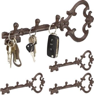 Relaxdays Relaxdays Set of 10 Cast Iron Key Racks, Key-Shaped, 3 Hooks, Antique Cottage-Style, 12.5 x 33 x 4.5 cm, Brown