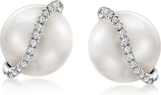 Ross-Simons 8-8.5mm Cultured Pearl and Diamond Swirl Earrings in Sterling Silver