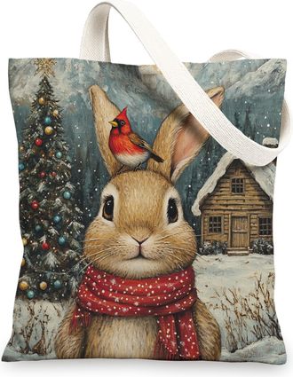 Generic Christmas Bunny Rabbit Canvas Tote Bag for Shopping 13x15, Winter Farmhouse Xmas Animal Reusable Grocery Print Bag for Women, Holiday Pet Beach Aesthe