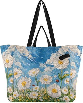 Generic Sky Flower White pattern Reusable Canvas Tote Bag, Heavy Duty Grocery Shopping Bag with Hard Bottom Large Capacity Double Handles Work Groceries Trave