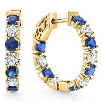Pompeii3 4 1/2Ct Blue Sapphire & Diamond Hoops White or Yellow Gold Lab Grown 1 Tall