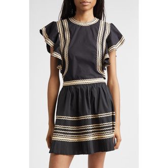 Ulla Johnson Anora Rickrack Trim Cotton Flutter Sleeve Top in Noir at Nordstrom, Size 12