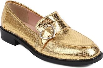 Generic Womens Fashion Snake Print Round Toe Loafers Slip On Heart Buckle Casual Lightweight Flat Shoes (5.5,Gold)