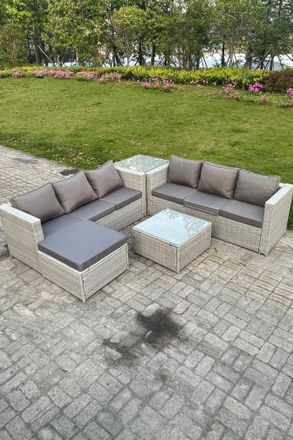 Fimous Light Grey Rattan Garden Corner Furniture Sofa Sets Outdoor Big Footstool Coffee Table