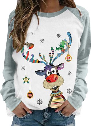 Generic HAOLEI Christmas Jumper Women UK Clearance,Funny Reindeer Jumper Ladies Xmas Jumpers Graphic Elk Print Novelty Shirts Crew Neck Pullover Sweater Tops 