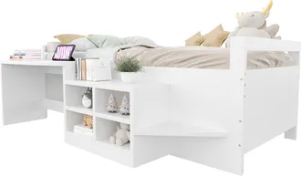 STILVORA Cama Combinada 90 X 200 Cm De Madera Con Armario De Almacenamiento Integrado Y Toma Multifuncional, Sin Colch&oacute;n, Blanco
