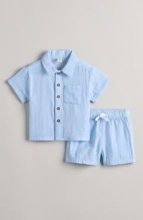 Nordstrom Stripe Short Sleeve Cotton Button-Up Shirt & Shorts Set in Blue Quiet Fine Stripe at Nordstrom, Size 24M