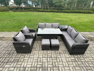 Fimous Outdoor Garden Patio Furniture Wicker Rattan Oblong Rectangular Dining Table & Lounge Sofa set with Side Table 2 Small Footstool in Dark Grey