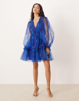 Lace & Beads Vestito corto in organza blu cobalto a fiori sfocati con maniche a palloncino