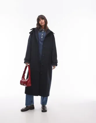 Topshop tab belted car coat twill in navy
