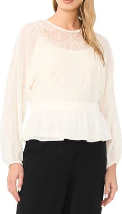 Vince Camuto Embroidered Mesh Yoke Peplum Top in Toasted Ivory at Nordstrom, Size Xx-Large
