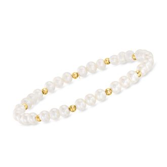 RS Pure by Ross-Simons 4-5mm Cultured Pearl and 14kt Yellow Gold Bead Stretch Bracelet