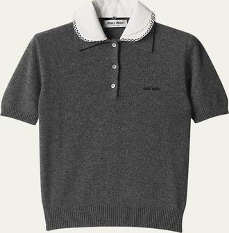 Miu Miu Detachable-Collar Short-Sleeve Cashmere Polo Shirt