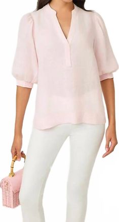Lilly Pulitzer Mialeigh Elbow Sleeve Linen Top In Pink Muse X Resort White