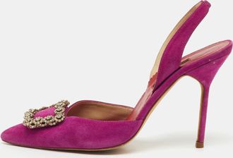 Carolina Herrera Purple Suede Crystal Embellished Buckle Slingback Pumps