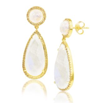 MAX + STONE 18K Gold Plated Genuine Gemstone 2 Stone Dangle Drop Earrings