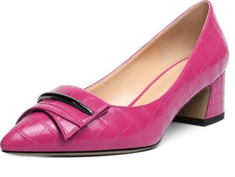 elashe Women Pumps Slip on Block Heels Pointed Toe Metal Buckle Court Shoes Classic 2 Block Heeled Shoes Crocodile Hotpink EU37