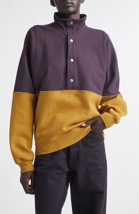 Saint Laurent Colorblock Cotton Fleece Half Snap Sweatshirt in Raisin /Miel Fonce at Nordstrom, Size Medium