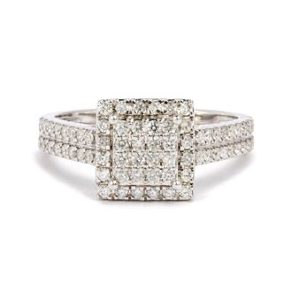 House of Brilliance 14K White Gold 1/2 Cttw Diamond Square Halo Ring with Split Shoulder Design