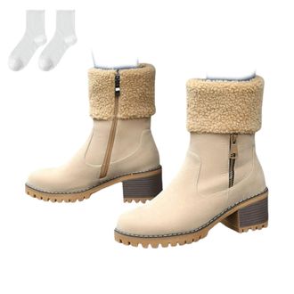 Generic Womens Winter Boots with Warm Fleece Collar, Lined Mid-Calf Suede Boots with Side Zipper And Block Heel, Non-Slip Comfortable Boots for Autumn & Winte
