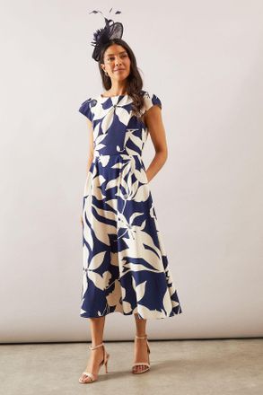 Wallis Womens Floral Ottoman Fit & Flare Midi Dress - Navy - Size 12 UK