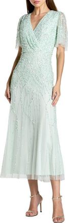 Mac Duggal Womens Beaded Wrap Over Butterfly Sleeve Dress in Seafoam at Nordstrom, Size 16