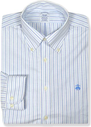 Brooks Brothers Mens Regular Fit Mixed Oxford Cotton Blend Button Down Shirt,, 217963 White / Blues Stripes, XL