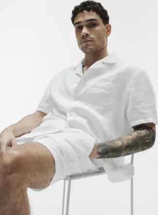 Alo | Linen Days Short Sleeve Button Up Top in White, Size: Medium