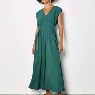 Apricot Wide Leg V-Neck Belted Jumpsuit In Green