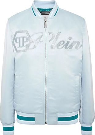 Philipp Plein Satin Bomber Jacket Logo Strass - Heren - Bomber jackets - Blauw - 4XL - Polyester - Jassen