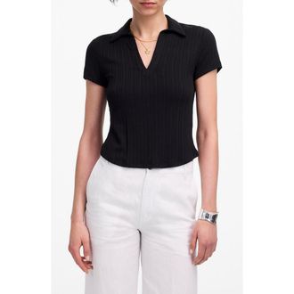 Madewell V-Neck Rib Polo Top in Jet Black at Nordstrom Rack, Size Xx-Small