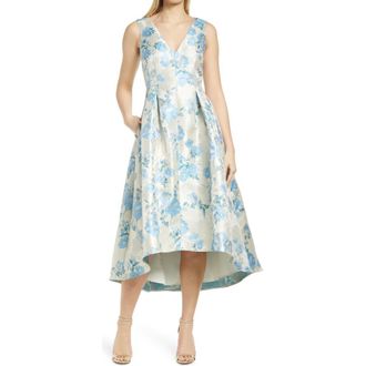 Eliza J Metallic Floral Print High-Low Cocktail Dress in Blue at Nordstrom Rack, Size 10