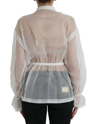 Dolce & Gabbana Womens White Silk Long Sleeves Ascot Collar Top Cotton