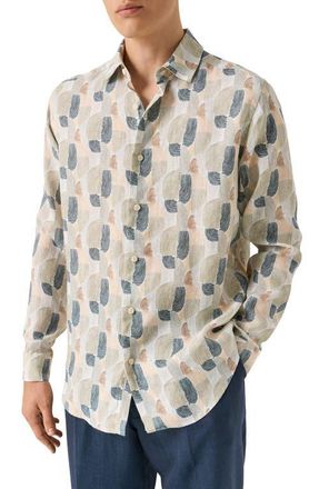 Eton Regular Fit Geometric Linen Dress Shirt in Medium Green at Nordstrom, Size Xx-Large