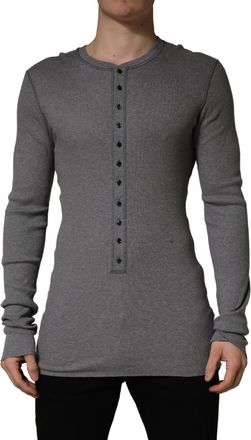 Dolce & Gabbana Gray Ribbed Cotton Long-Sleeve Henley Mens T-shirt (Pre-Owned)