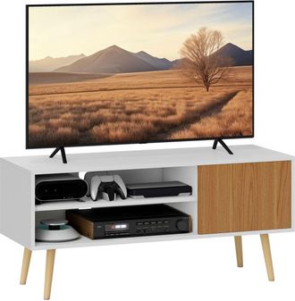 HOMCOM Homcom - Mueble De Tv Moderno Con 2 Compartimentos Abiertos 1 Puerta Y Orificio Para Cables Para Televisi&oacute;n De 55 Pulgadas 110x40x50 Cm Blanco Y Natur
