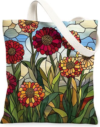 Generic Stained Glass Zinnia Flower Canvas Tote Bag for Shopping 13x15, Cool Floral Garden Reusable Grocery Print Pattern Bag for Women, Fun Wildflower Beach 
